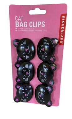 NEW Kikkerland Black & Pink Cat Kitten Bag Chip Clips Kitchen Set of 6